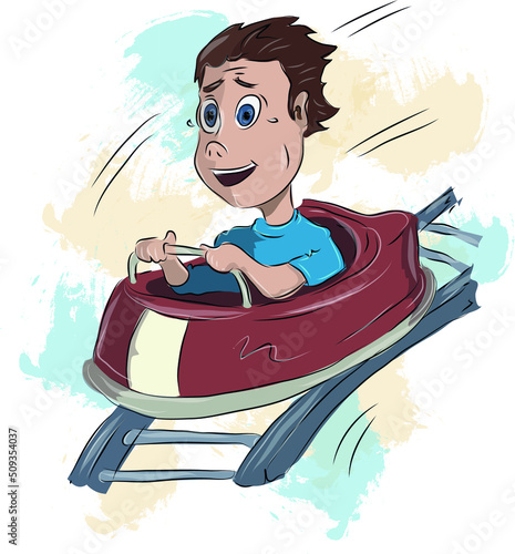 Boy is rolling in cart on rollercoaster ride