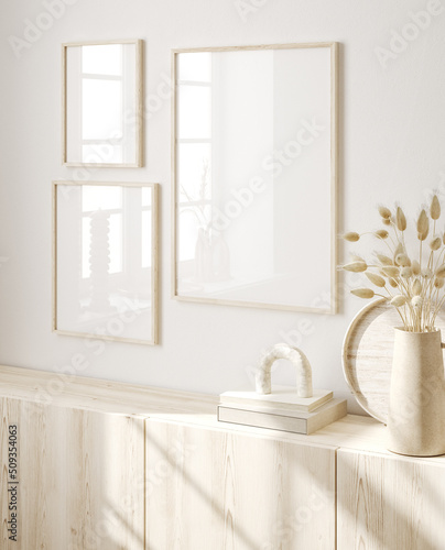 Mock up frame in home interior background  white room with natural wooden furniture  Scandi-Boho style  3d render