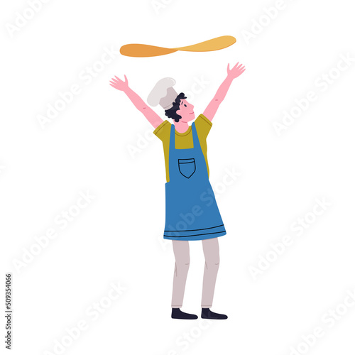 Man Pizzaiolo in Toque Throwing Dough in the Air Cooking Pizza Vector Illustration