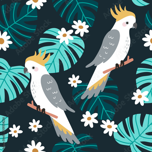 Seamless Repeat Tropical Bird Native Cockatoo Parrot Exotic Palm Pattern