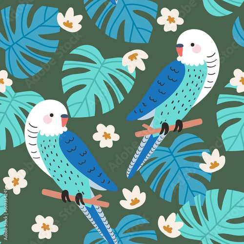 Seamless Repeat Tropical Parrot Lovebird Bird Exotic Palm Pattern