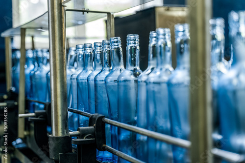 Many empty bottles on a conveyor belt at alcoholic beverage factory