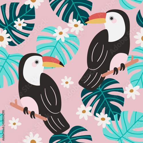 Seamless Repeat Tropical Toucan Parrot Bird Exotic Palm Pattern