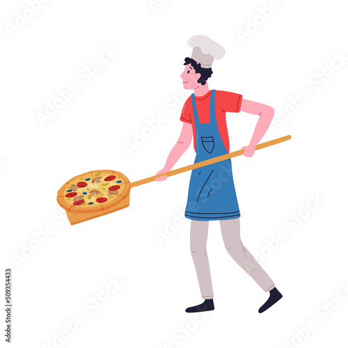 Man Pizzaiolo in Toque Carrying Pizza on Wooden Shovel Vector Illustration