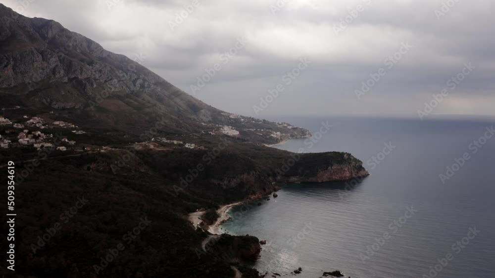 Aerial drone view of Montenegro southern coast under a cloudy day Aerial drone view of Montenegro southern coast under a cloudy day