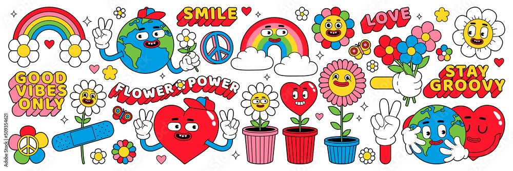 Groovy cartoon characters. Funny happy Earth, Peace, Love, rainbow, heart, flower, daisy. Sticker pack in trendy retro cartoon style. Isolated vector illustration. Hippie 60s, 70s style. Flower power.