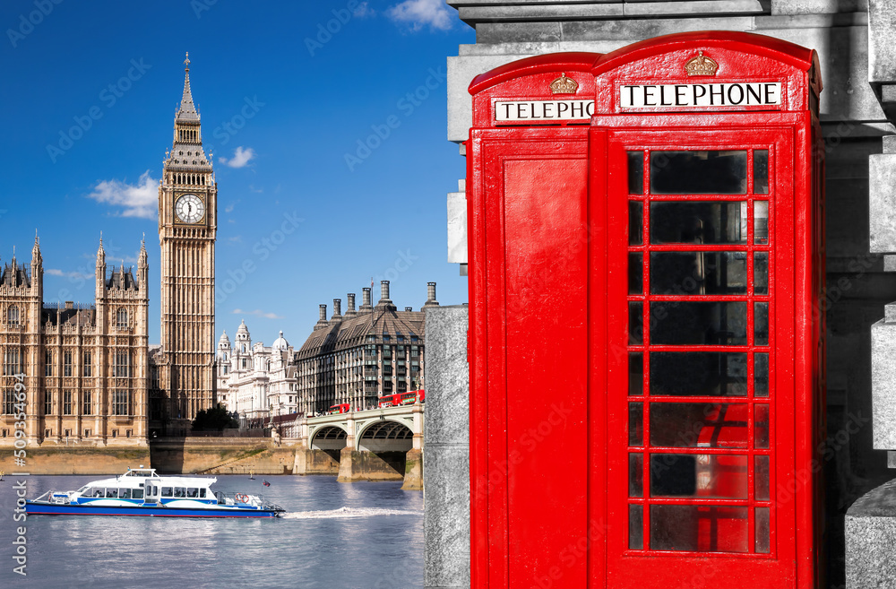 Obraz premium London symbols with BIG BEN and red Phone Booths in England, UK
