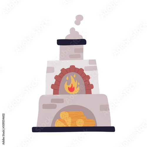 Wood-fired Bricked Oven with Burning Fire Flame for Pizza Cooking Vector Illustration. Traditional Stone Stove in Pizzeria