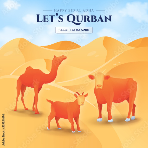 Animal sacrifice banner for islamic feast of eid al adha mubarak with goat cow and camel 