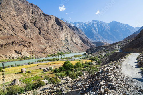 Gilgit river, tributary of the Indus river, flowing through the beautiful mountain valley in the Karakorum mountains, Karakorum old road and fields in Pakistan