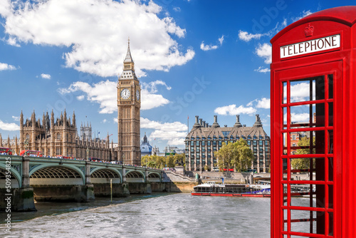 London symbols with BIG BEN and red Phone Booths in England  UK