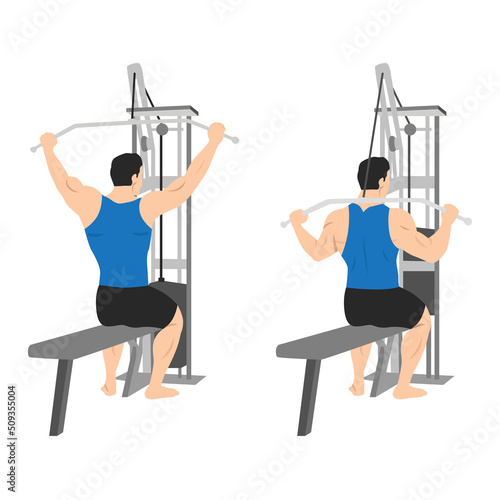 Man doing Behind the neck lat pulldown flat vector illustration isolated on white background