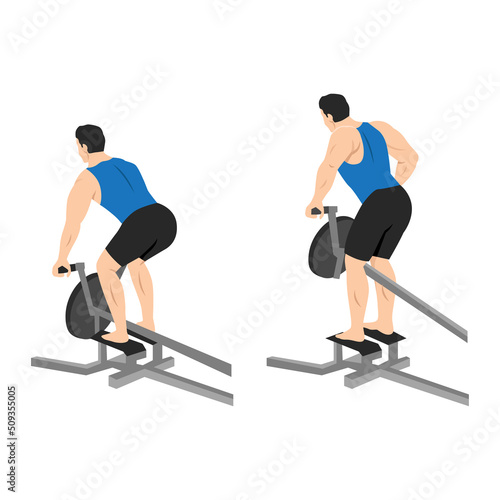 Man doing One arm T bar rows exercise. Flat vector illustration isolated on white background
