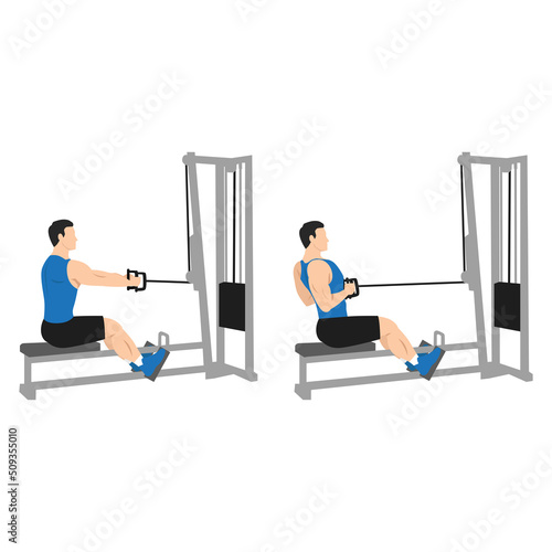 Man doing Seated Low cable back rows exercise. Flat vector illustration isolated on white background