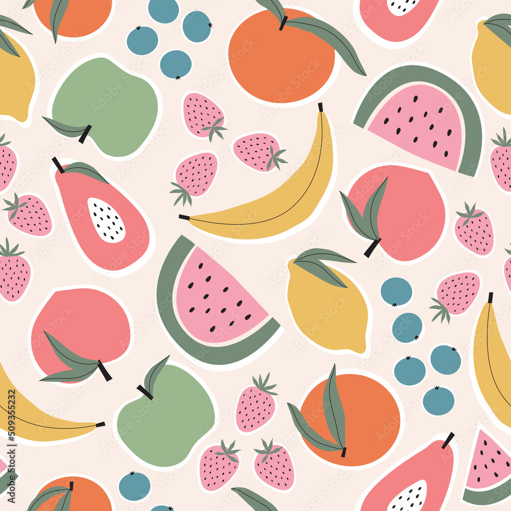 Fototapeta premium Seamless Repeat Vector Bold Tropical Exotic Fruit Mix Salad Pattern 