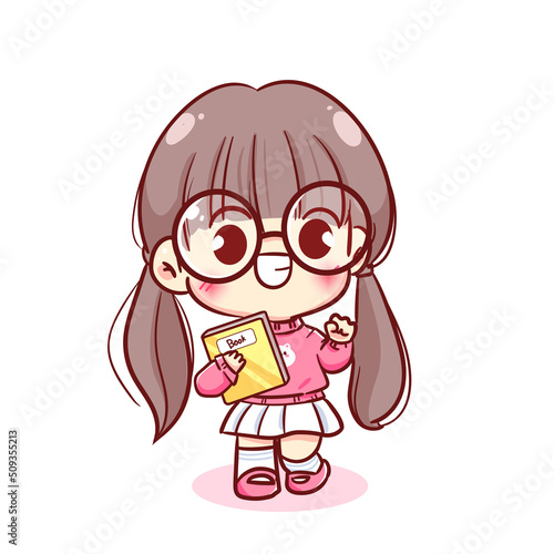 Happy cute kid girl holding book kawaii children hand drawn cartoon character illustration