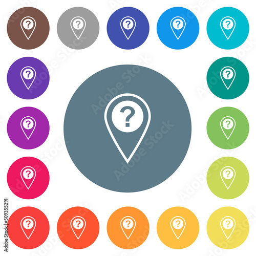 Unknown GPS location flat white icons on round color backgrounds