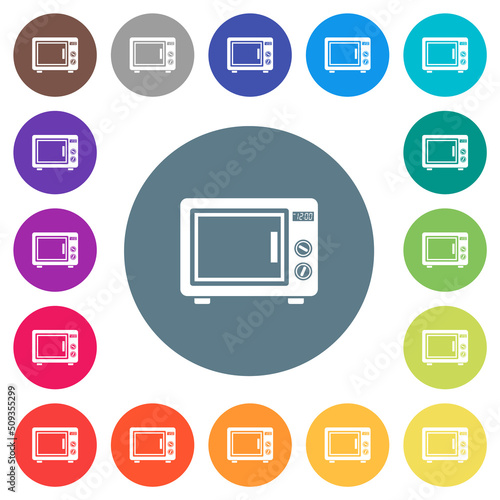 Microwave oven flat white icons on round color backgrounds