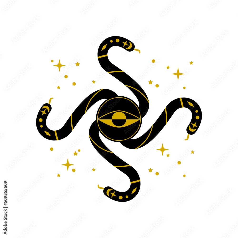 Fototapeta premium Black golden snake with eye and celestial stars mystic witch boho tattoo flat vector icon design.