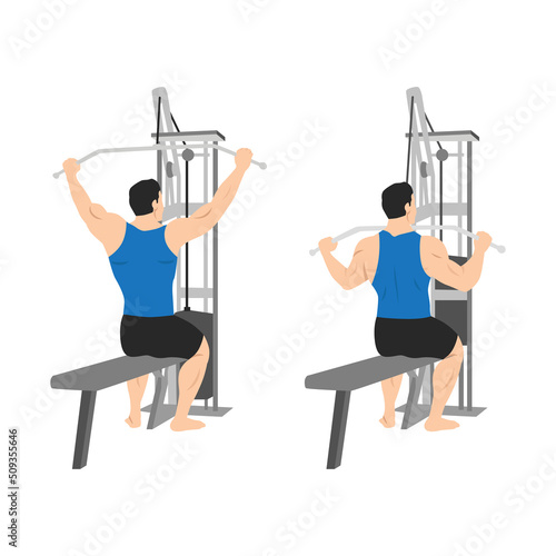 Man doing seated Wide grup lat pulldown flat vector illustration isolated on white background photo