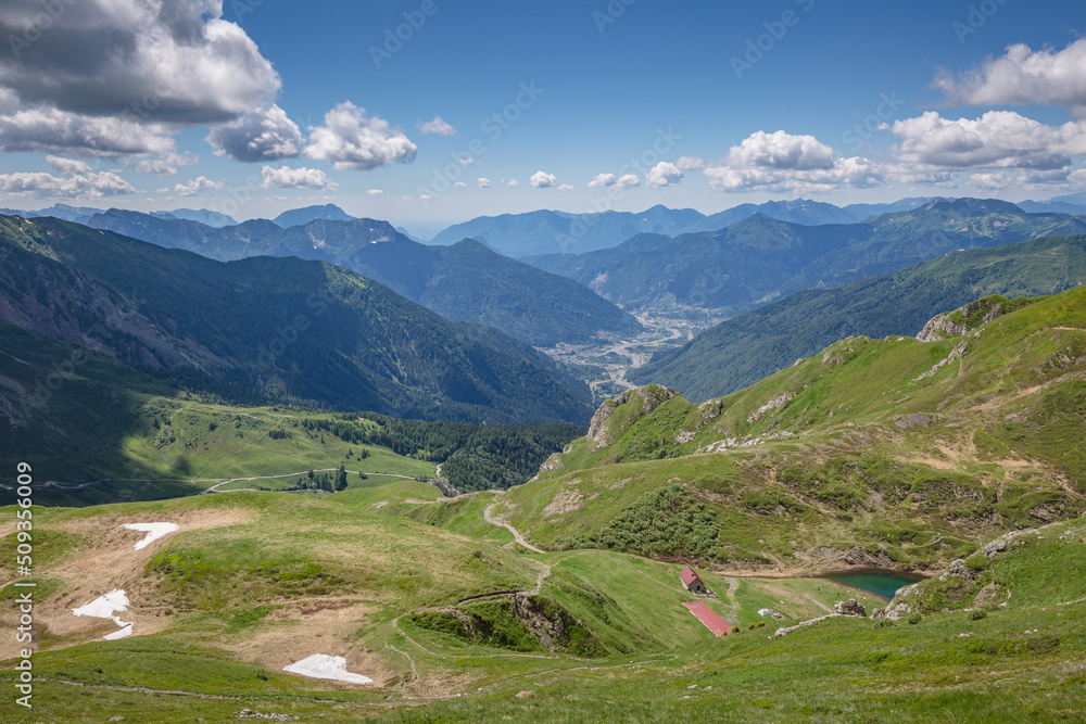 Fototapeta premium Beautiful nature. Mountain hiking Trail Road. Italy Lago Avostanis Casera Pramosio Alta