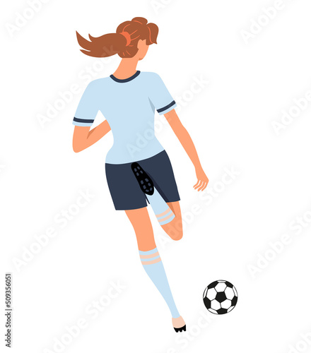 Sporty beautiful girl soccer player kicking a ball. Back view. Girl running, playing football. Colorful female character isolated on white background. Vector illustration.