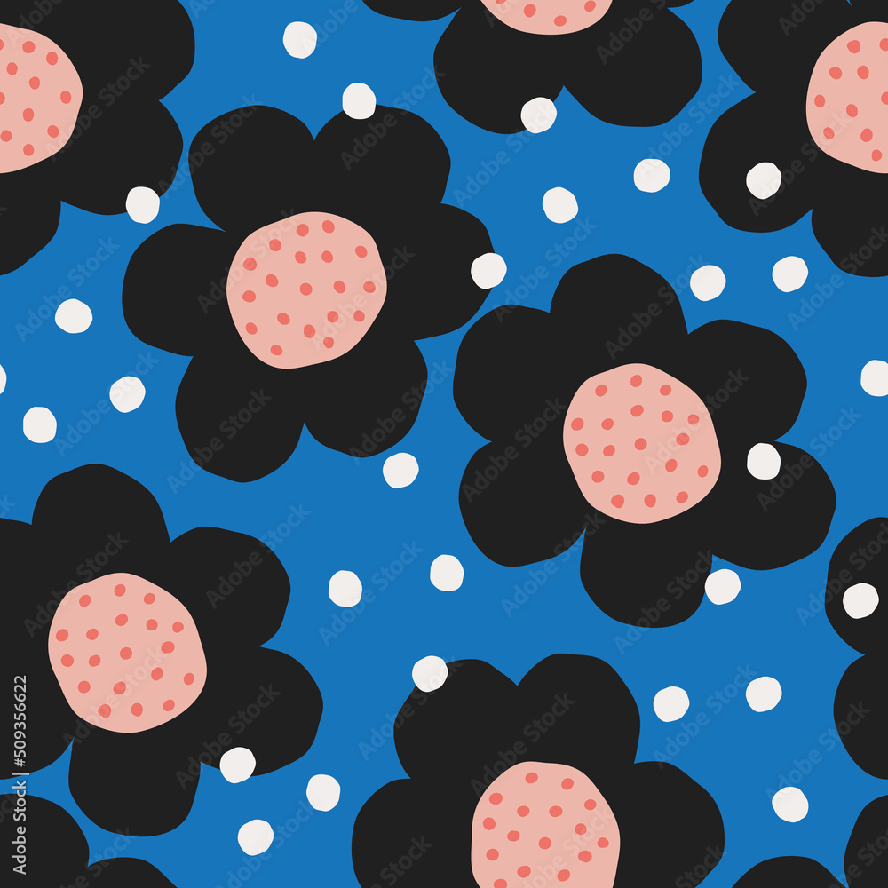Abstract Graphic Modern Bold Seamless Repeat Pattern Black Floral Scandi, 