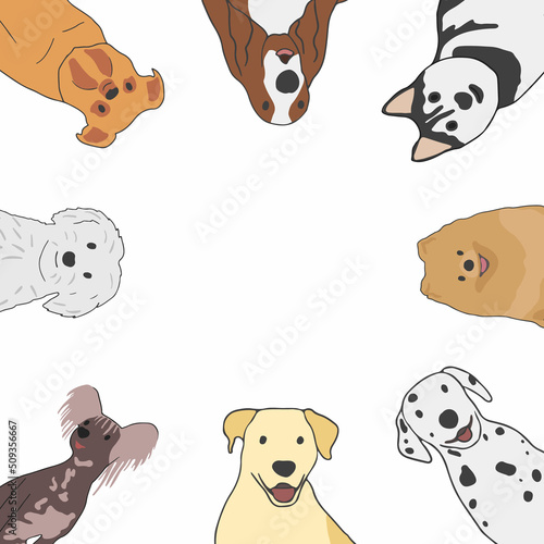 Canvas Print Greeting card with different types of small medium and large mixed breed dogs ang empty space