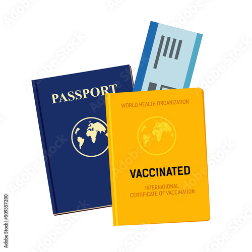 Immune certificate and international passport with air ticket. Vaccine passport icon