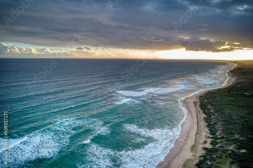 Drone view of waves along the coast at Point Lonsdale, Victoria, Australia. May 2022