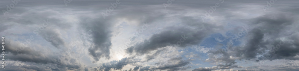 Sky panorama on sunset with Cumulus clouds in Seamless spherical equirectangular format as full zenith for use in 3D graphics, game and in aerial drone 360 degree panoramas for sky replacement.