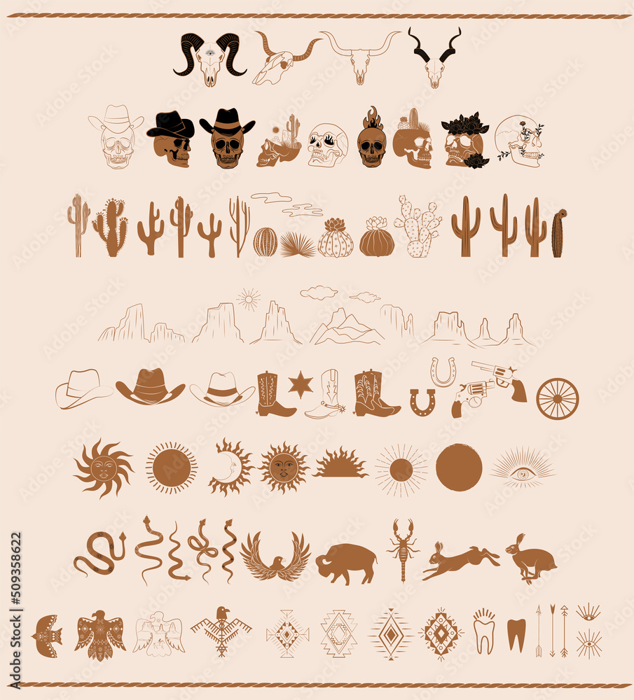 Wild West elements collection with cactus, skull, desert landscape, western animals, symbols. Perfect for create logotype. Editable vector illustration. - obrazy, fototapety, plakaty 