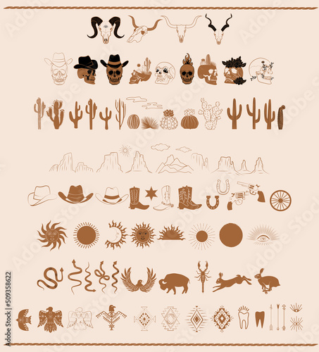 Murais de parede Wild West elements collection with cactus, skull, desert landscape, western animals, symbols