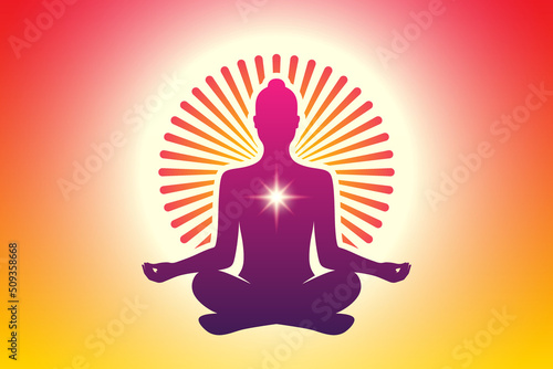 Meditating yoga woman in a lotus pose with a round ornamental sun halo on an orange sky background. Meditation, spiritual, relaxation vector background.