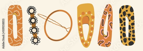 Set of various hairpins in golden color. Hair accessories, beauty design. Women's salon concept. Flat design, hand drawn, cartoon.