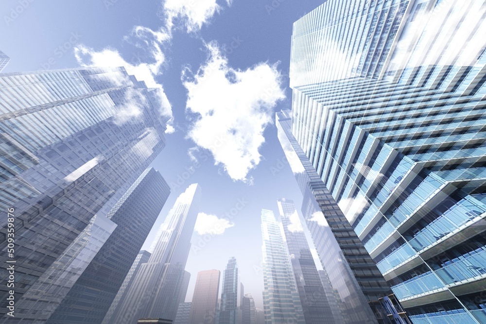 Skyscrapers, high-rise buildings, skyscrapers sky view, modern buildings against the sky with clouds, 3d rendering Skyscrapers, high-rise buildings, skyscrapers sky view, modern buildings against the sky with clouds, 3d rendering
