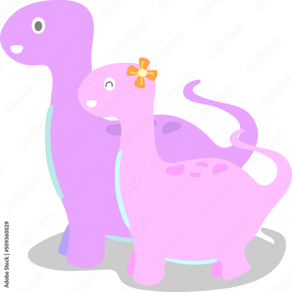 Vector lovely Dino couple walking together on white background. Purple and pink Dino lover. Single pattern with hand-drawn child-style arts.