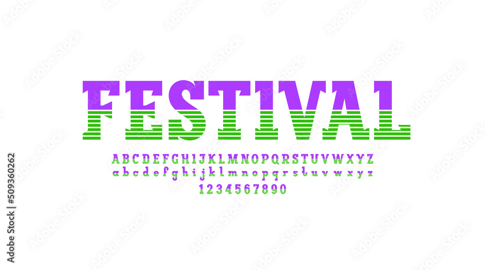 Trendy font, slab serif alphabet, colored uppercase and lowercase letters and numbers made in striped style Trendy font, slab serif alphabet, colored uppercase and lowercase letters and numbers made in striped style