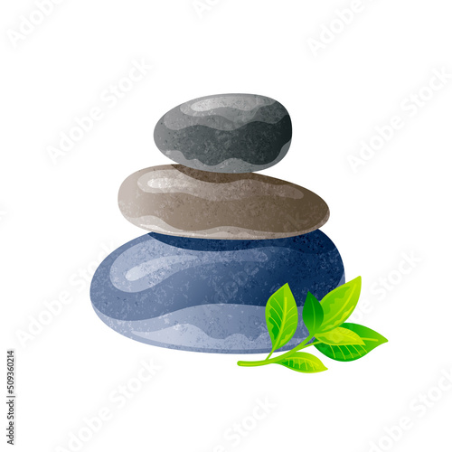 Spa stone. Zen rock vector. Massage isolated. Black stack. Pebble balance icon on white background with bambo leaf. Relax smooth hot Spa stones. Realistic stability zen rock beauty. Wellness concept