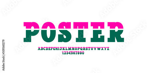 Multi colored font, slab serif alphabet, uppercase letters and numbers cut into two parts