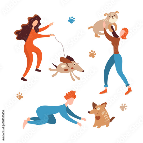 Girls playing with their pet, frolic with a dog