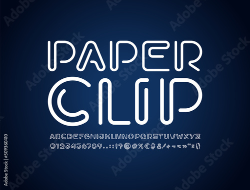 Paper clip alphabet, white font from thin segment rounded line, letters and numbers made in the line style