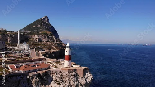 Aerial Dolly View Of Europa Point Lighthouse In Gibraltar 