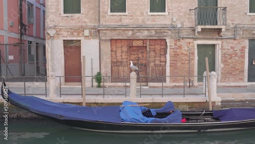 Gondola docked in a Venice Canal in Morning photo