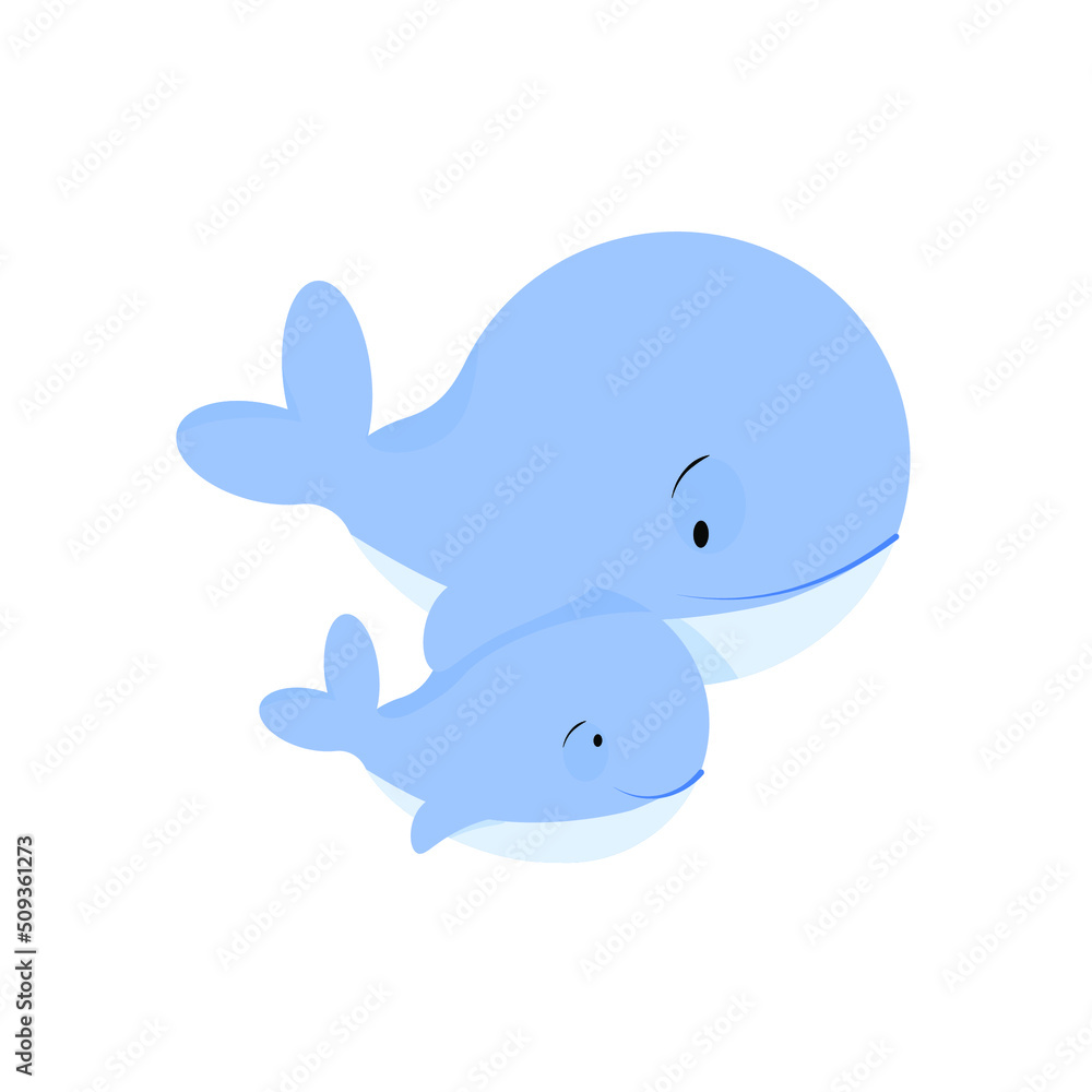 Two blue whales, small and large, swim Two blue whales, small and large, swim