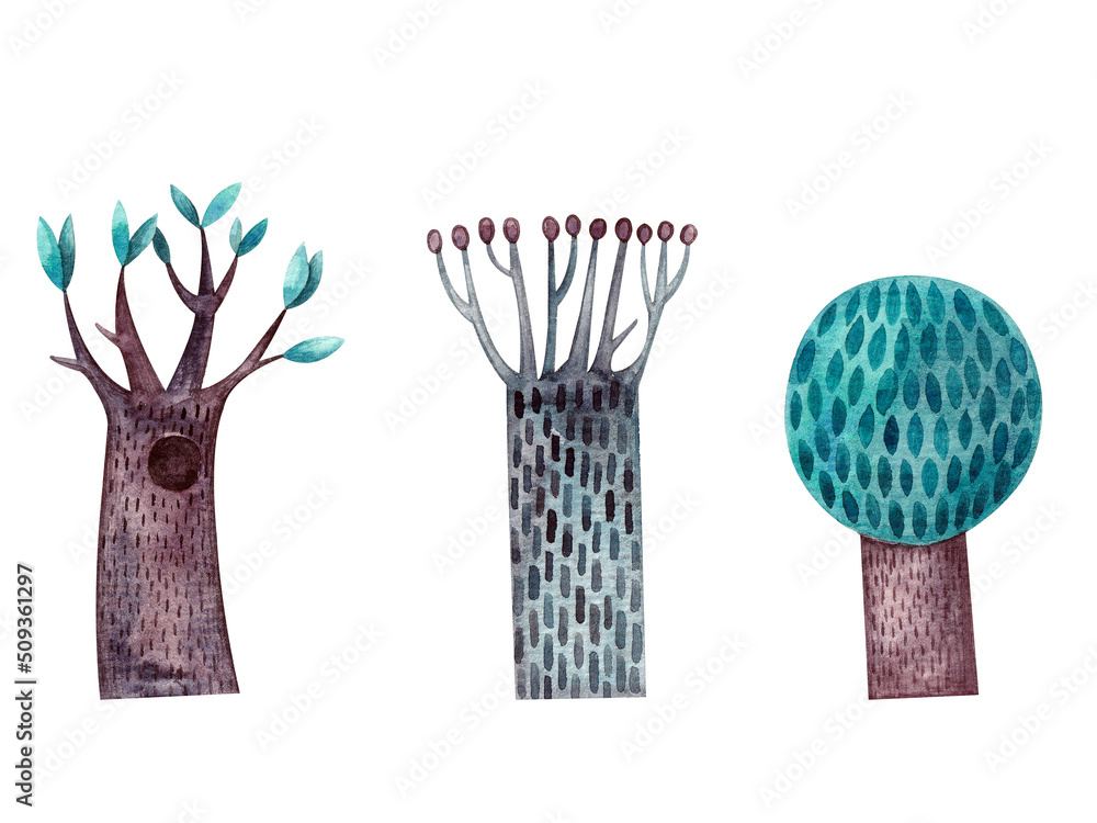 Set with stylized trees on a white background. Watercolor illustration. Plants. Nature. Art. Design. Child. Plain. Ecological. Collection. Beautiful. Forest. Handmade. Set with stylized trees on a white background. Watercolor illustration. Plants. Nature. Art. Design. Child. Plain. Ecological. Collection. Beautiful. Forest. Handmade.