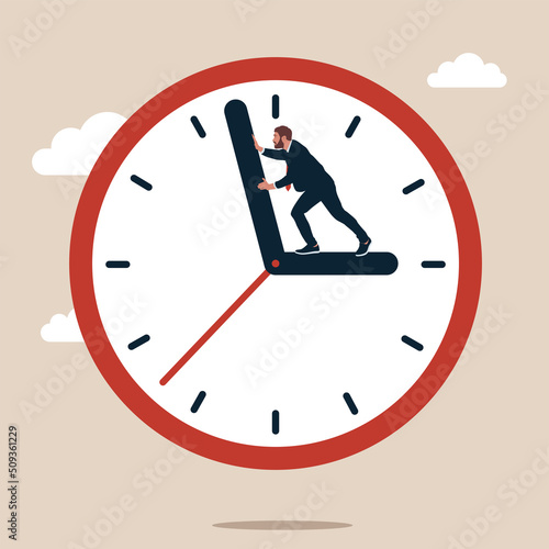 Entrepreneur standing on clock hour hand manage to push back minute hand to turn back time. Turn back time to fix mistake, inevitable failure or urgency closed to deadline.