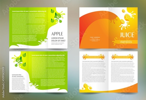 Business brochure set design template folder booklet tri-fold fruit juice liquid drops splash orange apple