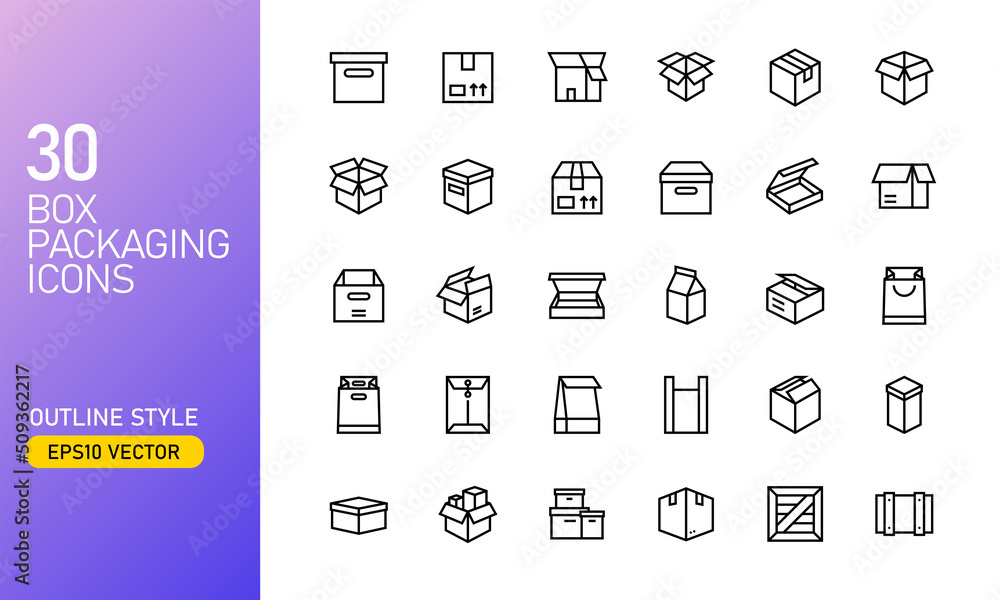 Box and packaging icon set in outlined style. Suitable for design element of cargo box, delivery services, and shipping business.
