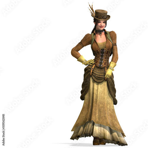 3D-illustration of a steampunk girl with a victorian dress